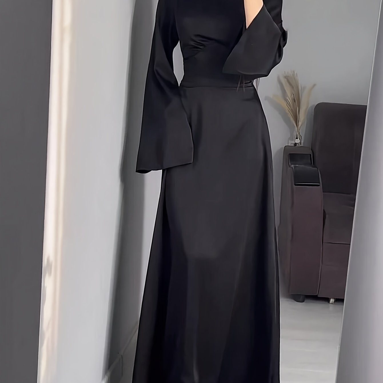 Elegant lace up crew neck maxi dress for women, ideal for spring and fall seasons.