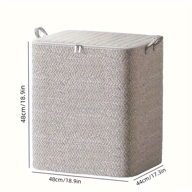 Extra-large durable non-woven fabric storage bin with lid, handles, herringbone pattern, zipper closure, ideal for organizing clothes, quilts, toys in home, bedroom, dorm.