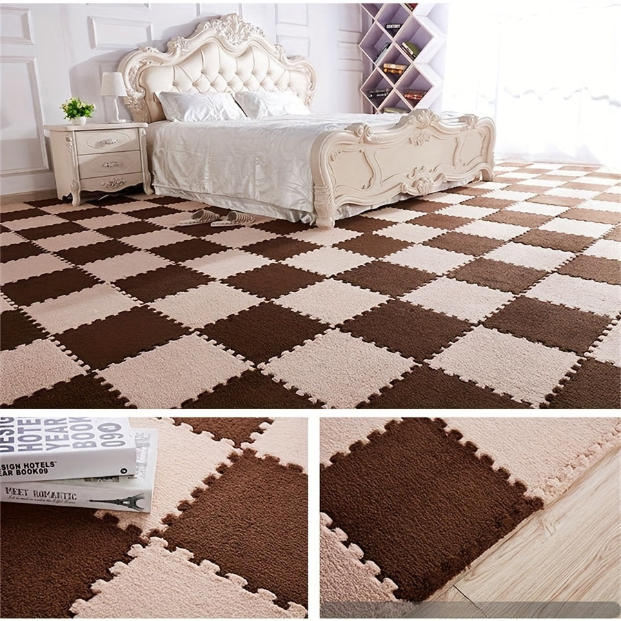 12pcs of thickened bedroom and living room full coverage carpet, room bedside mat, warm interlocking floor rug. Machine washable, soft non-slip material made of polyester and EVA. Hand wash