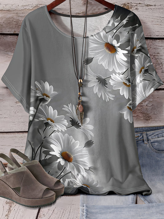 Soft, stretchy polyester blend daisy print t-shirt for plus size women in heather gray. Machine washable.