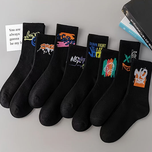 5 colorful graffiti-style crew socks for couples made of durable polyester, breathable and comfortable, with colorful patterns. Perfect for casual attire.