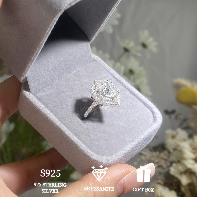 Beautiful 2ct Pear Shaped Moissanite Water Drop Ring in 925 Sterling Silver, Hypoallergenic for Women. Perfect for Wedding or Engagement. Comes with Moissanite Certificate and Elegant Gift Box.