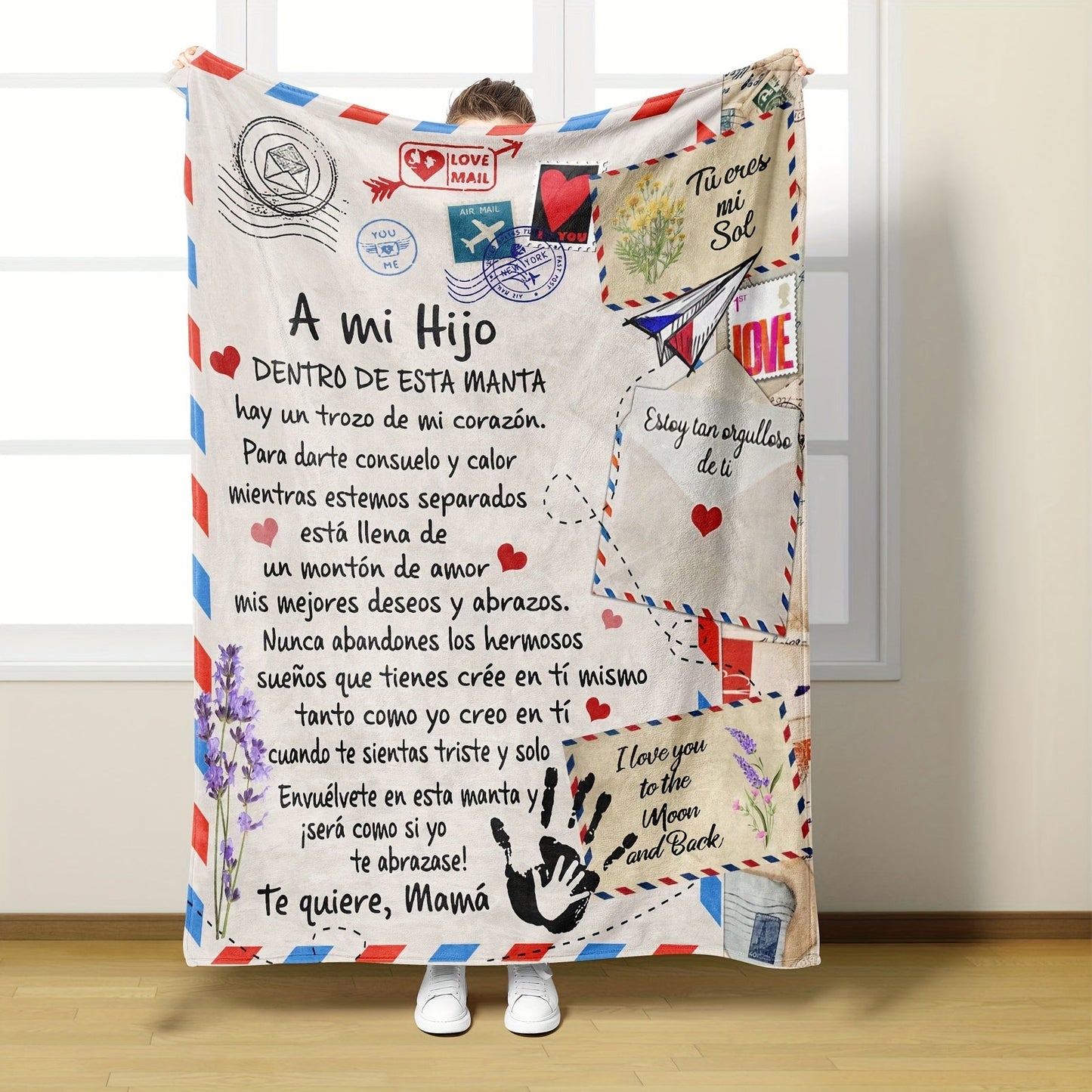 Soft and cozy flannel blanket featuring a Spanish printed letter from Mom to Son. This versatile shawl blanket doubles as a nap throw or casual sofa blanket. A perfect holiday gift that can also be used as a bed or multi-purpose blanket, making it both