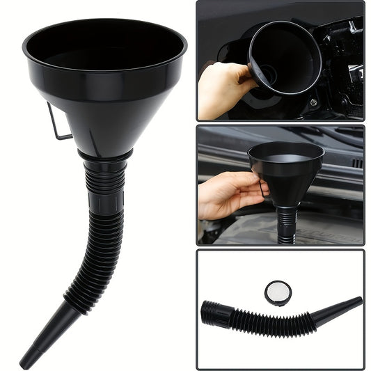 Large diameter flexible plastic automotive refueling funnel with filter for various automotive uses. Wide mouth tube funnel for outdoor storage.