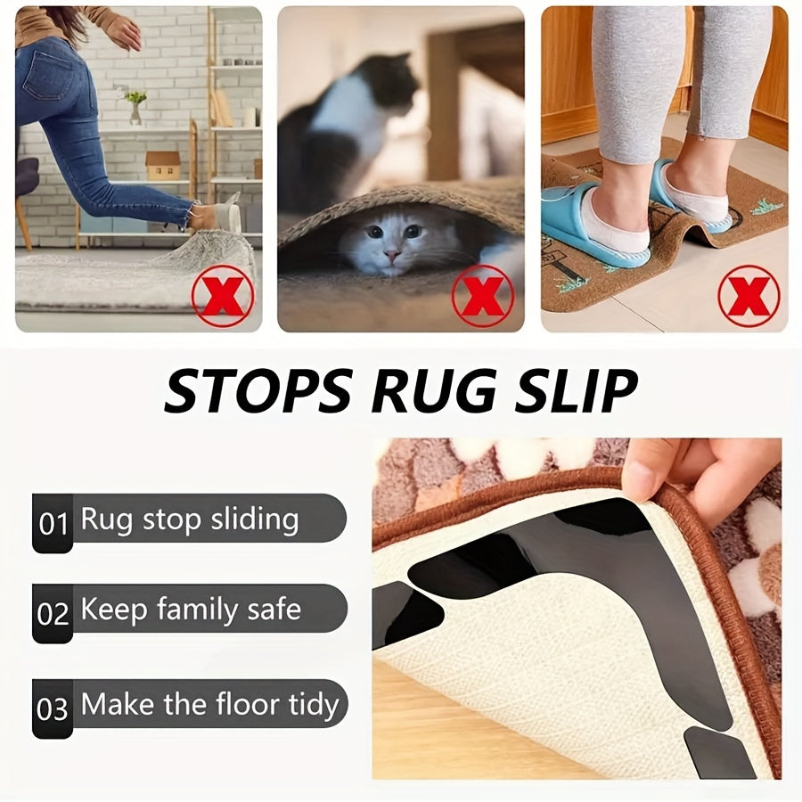 Prevent slips and keep rugs in place with the 12-Pack Gripmax Non-Slip Washable Carpet Grippers. These reusable PVC adhesive corner pads are ideal for use in the living room, dining room, and bathroom. Perfect for indoor, office, and entryway use, they