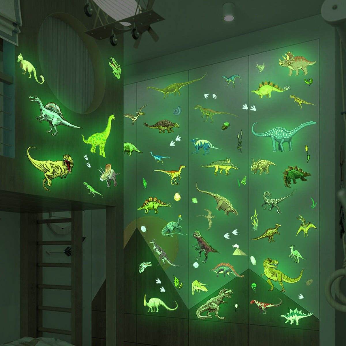 Glow in the dark dinosaur wall stickers for living room or bedroom decor.