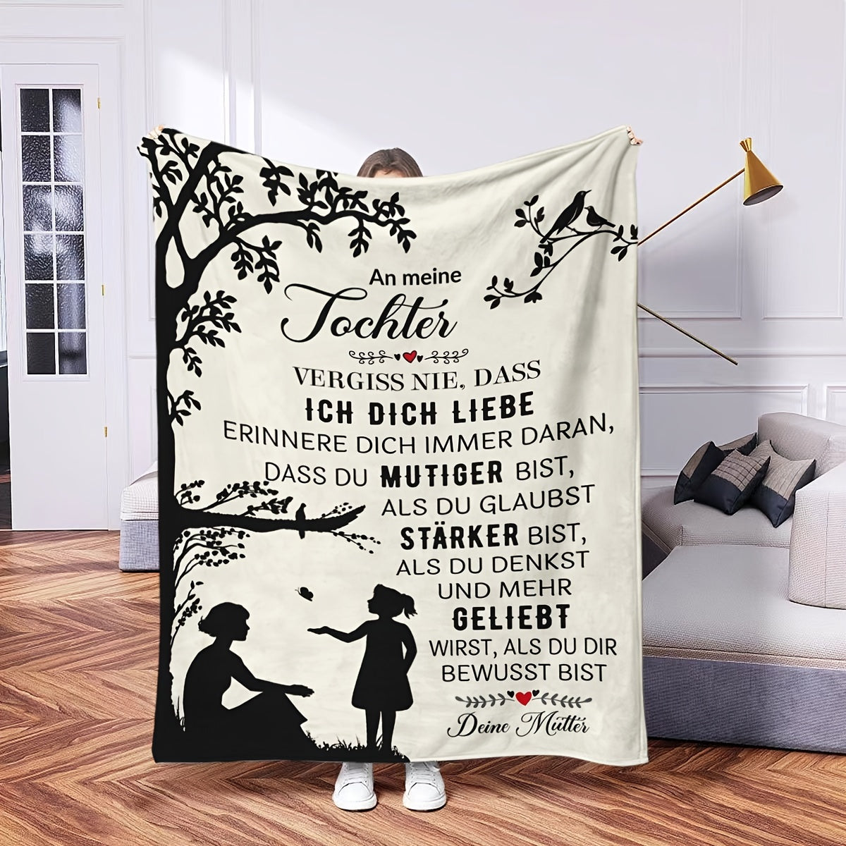 Modern German-themed Throw Blanket featuring a motivational quote, made of polyester and digitally printed. This all-season cozy blanket weighs between 200-250gsm, perfect for use in the office, home decor, bed, sofa, car, or nap. Ideal gift for your