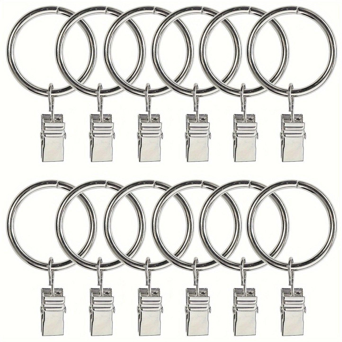 Set of 12 Stainless Steel Curtain Rings with Clips - Strong, Simple to Set Up, Modern Decorative Drapery Rings for Lasting Protection Against Rust