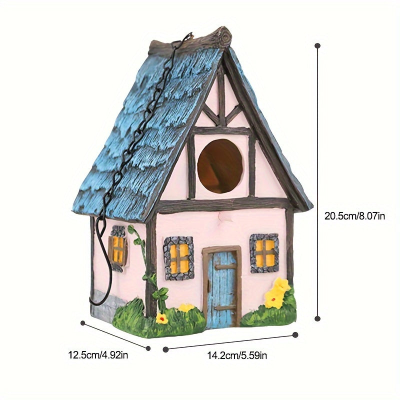 Wooden birdhouse with LED lights, ABS resin crafted, outdoor garden decor, winter nest for birds, hanging ornament.