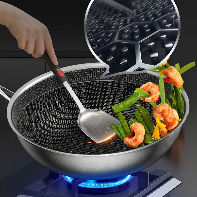 Stainless Steel Wok with Honeycomb Non-Stick Design - Versatile for Gas & Induction Stoves, Ideal for Cooking and Baking Necessities