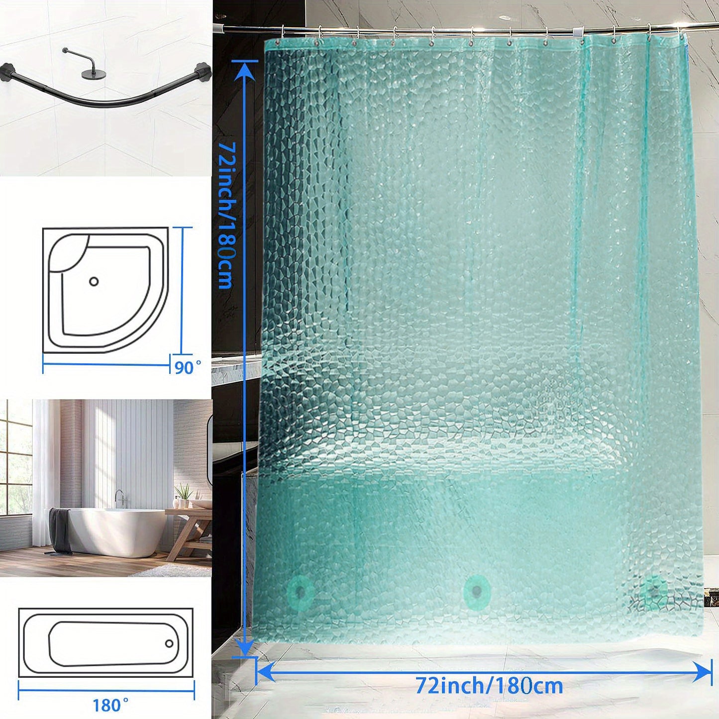 Waterproof 3D Pebble Pattern Shower Liner in Blue - 72x72 Inch for Bathroom Decoration