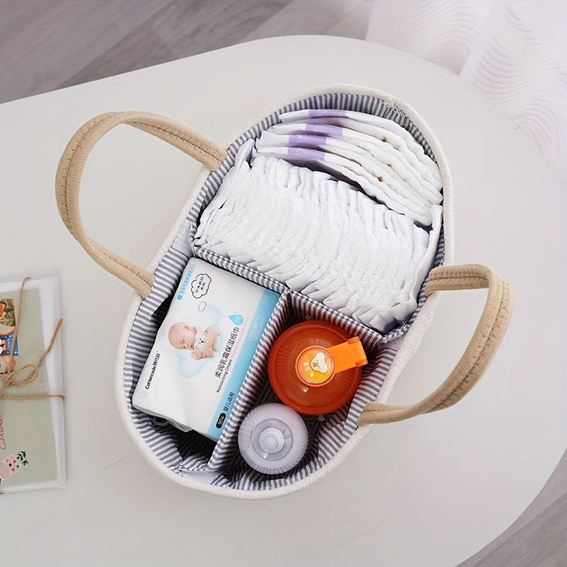 Storage basket made of cotton rope with lettered design, featuring a detachable inner basket for separating dry and wet items. Can be used as a hand-held storage solution.