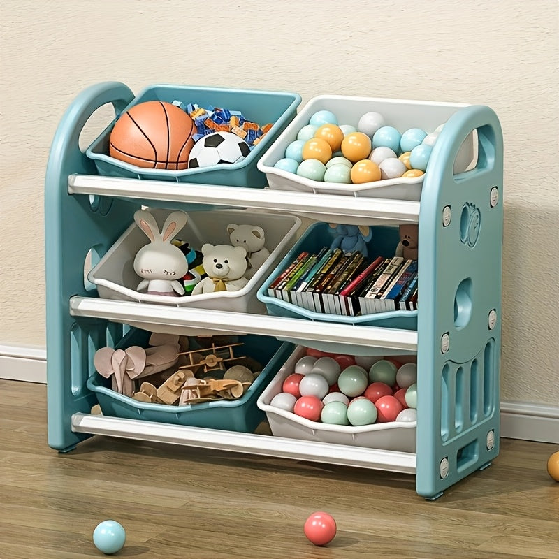 Home storage rack with 6 boxes for easy organization of clothes, toys, books, and other items. Simple installation.