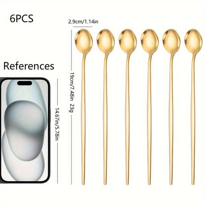 6-piece set of stylish golden ice tea spoons made of premium SUS304 stainless steel, perfect for mixing cocktails, soda, or coffee. From the Portuguese series with a mirror finish, these spoons are dishwasher safe.