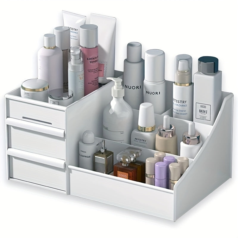 Plastic cosmetic organizer with drawers for makeup storage, lightweight and no electricity required.