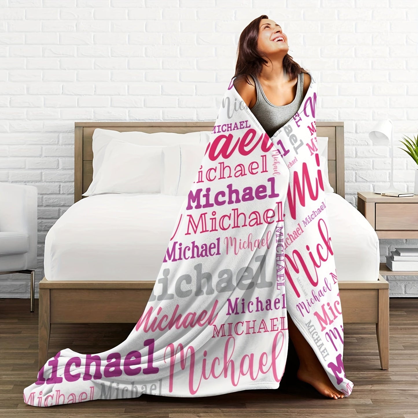 Personalized Big Name Blanket by QOGOER made from an ultra-soft 100% polyester flannel knit fabric, featuring high-quality digital printing in a mixed color design that is suitable for all seasons.