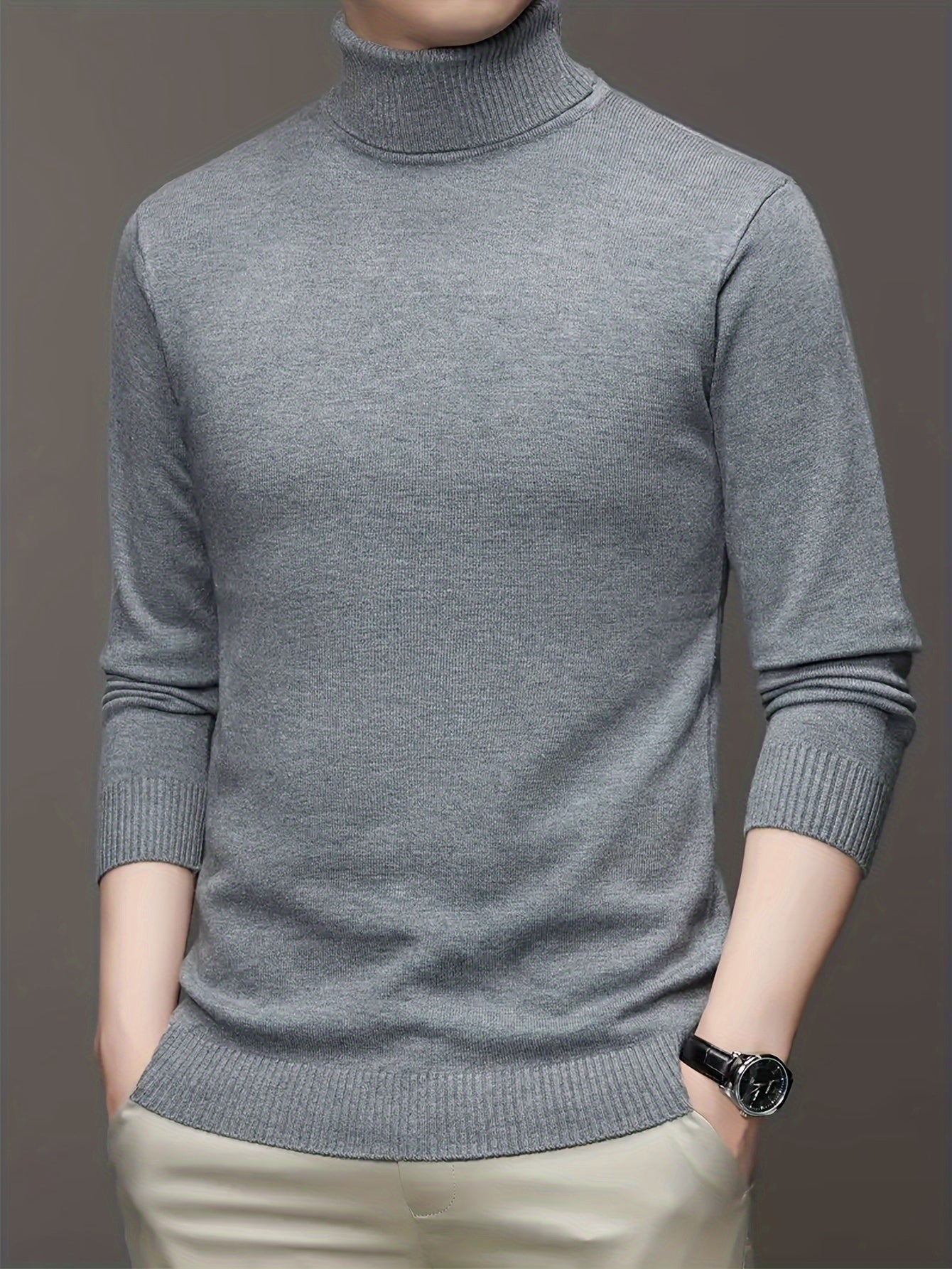 2024 Men's Solid Color Turtleneck Knitted Sweater Pullover, Warm Underwear Top for Autumn and Winter.