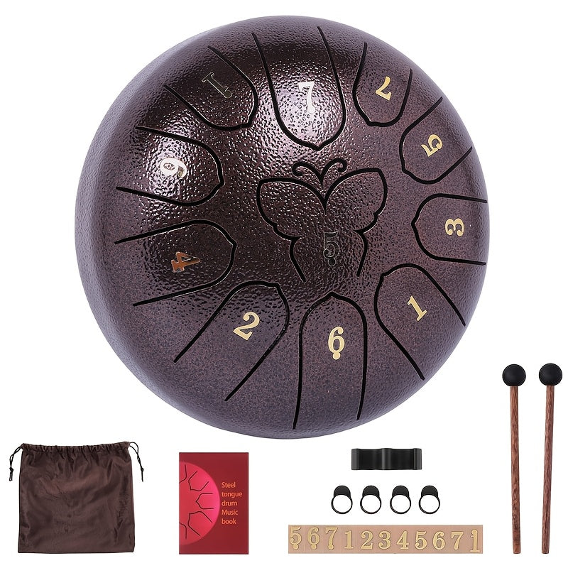 Steel Tongue Drum with 11 Notes, 15.24 cm for Sound Healing and Meditation, includes Carry Bag, Music Book, Sticks, and Accessories.