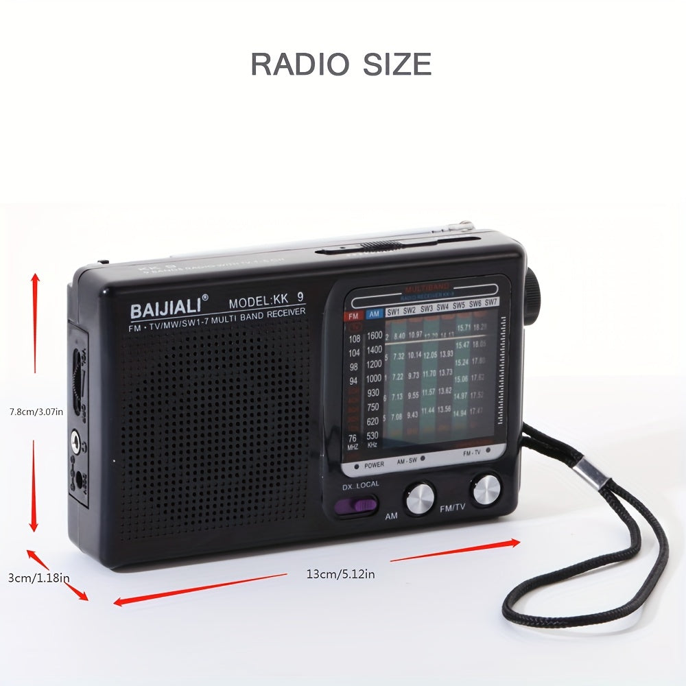 KK-9 is a portable transistor radio with AM, FM, and SW1-7 bands, loud speaker, headphone jack, and operates on 2AA batteries for indoor, outdoor, and emergency use.