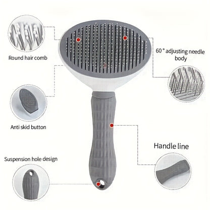 Pet hair removal brush with stainless steel bristles and one-click detangling comb for dogs and cats. Made of durable ABS material.