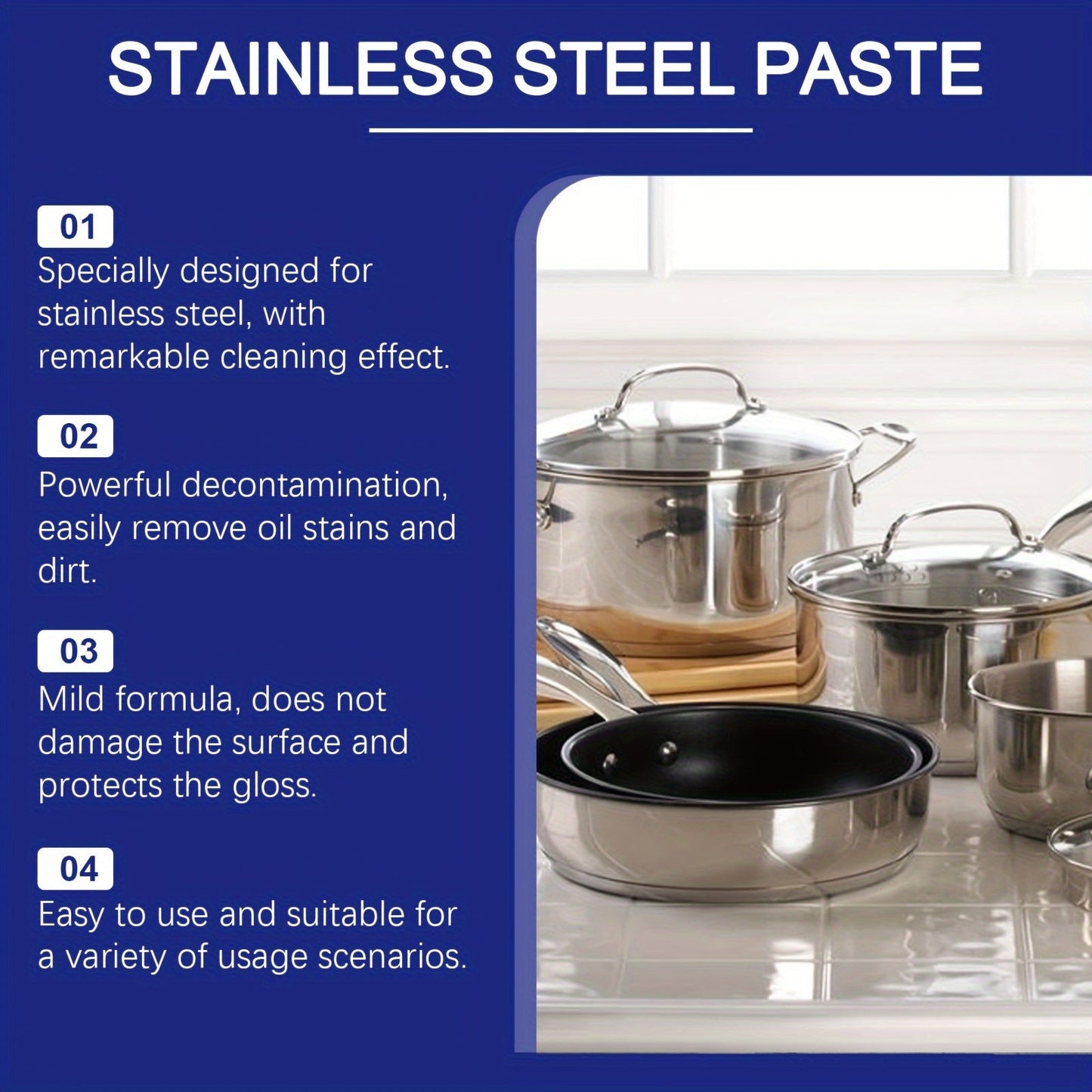 Gel Paste for Cleaning Stainless Steel - Sodium Bicarbonate Formula, Leaves No Residue, Great for Pots, Pans, and Stovetops - Eliminates Stubborn Grease and Rust, Restores Shine - Suitable for a Variety of Stainless Surfaces, Holds Less Than 1 Liter.