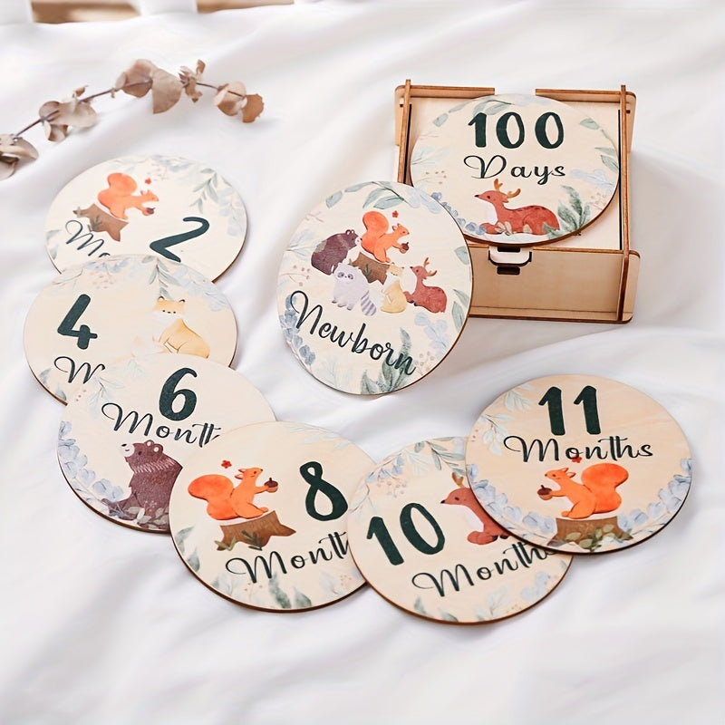 Wooden Milestone Coasters featuring Forest Animals - Perfect for Capturing Growth Month Photos and Creating Lasting Memories in Baby's First Year