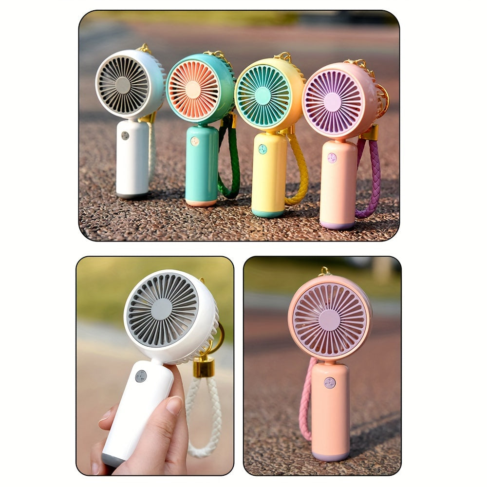 Small handheld portable fan with USB rechargeable battery, three adjustable speeds, and wearable design for use both indoors and outdoors.