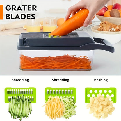 Kitchen slicer set with 14/16 pieces, featuring a manual vegetable cutter dicer shredder with durable stainless steel blades. Made of plastic in a rectangle shape, no power supply required.