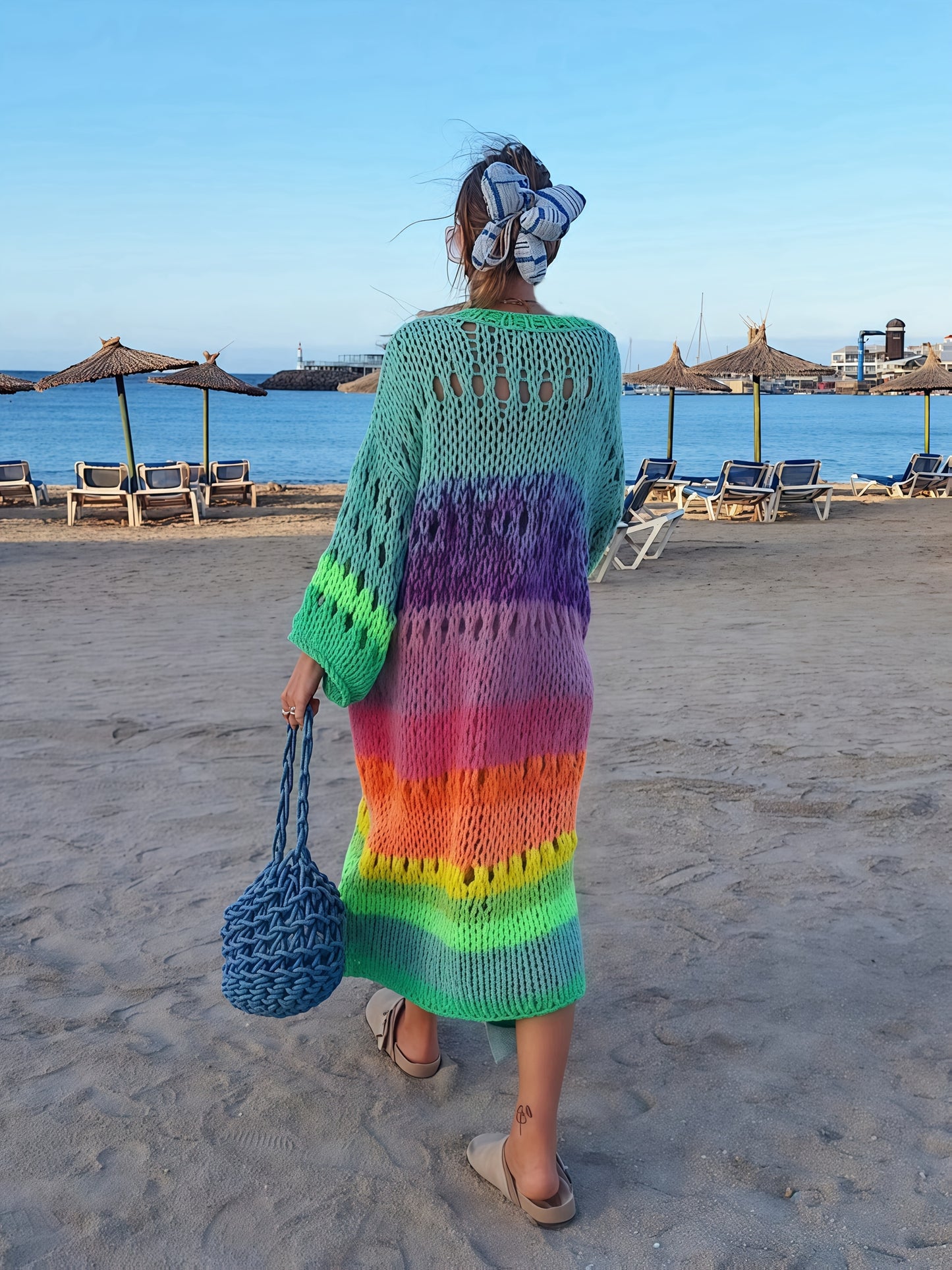 Colorful hand-knitted women's coat with gradient bright colors, retro lantern sleeves, and ribbon details. Chic and fashionable boho style.