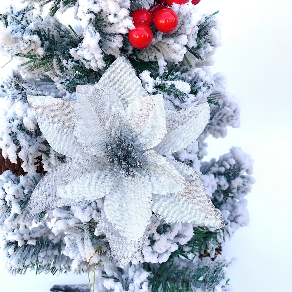 Set of 10 glittery 14cm artificial Christmas flowers for tree decorating, perfect family gift for the holidays.