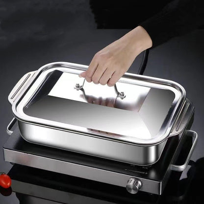 Stainless steel baking pan set with lid, non-stick, versatile for desserts, bread, BBQ and more. Heat resistant, easy to clean, includes rectangular baking trays, seafood trays, dinner