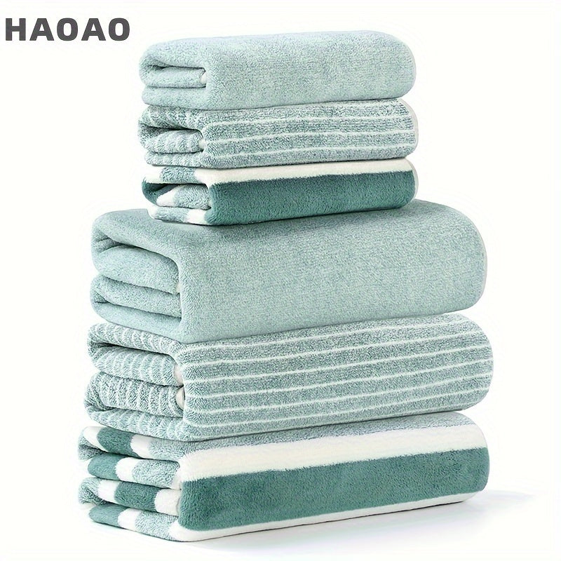 6-piece ultra-soft towel set includes 3 bath towels and 3 hand towels. Made of thick, absorbent coral fleece and skin-friendly polyester blend. Ideal for bathroom essentials.