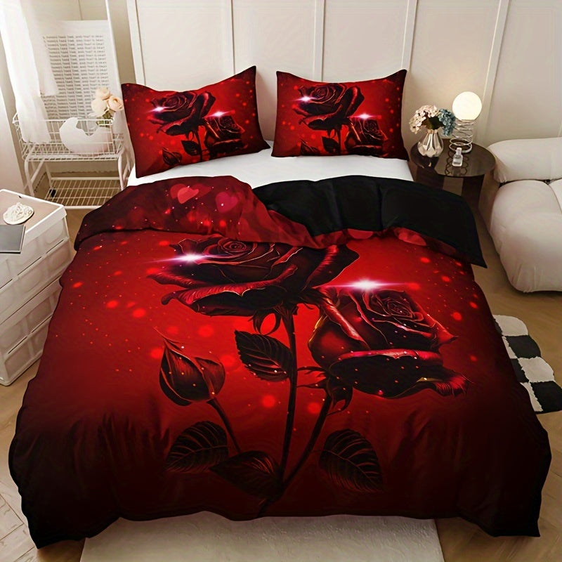 Red Rose Print Duvet Cover Set - Includes 1 Duvet Cover & 2 Pillowcases, Made from Breathable Polyester, Easy to Clean in the Washing Machine - Ideal for Use All Year Round