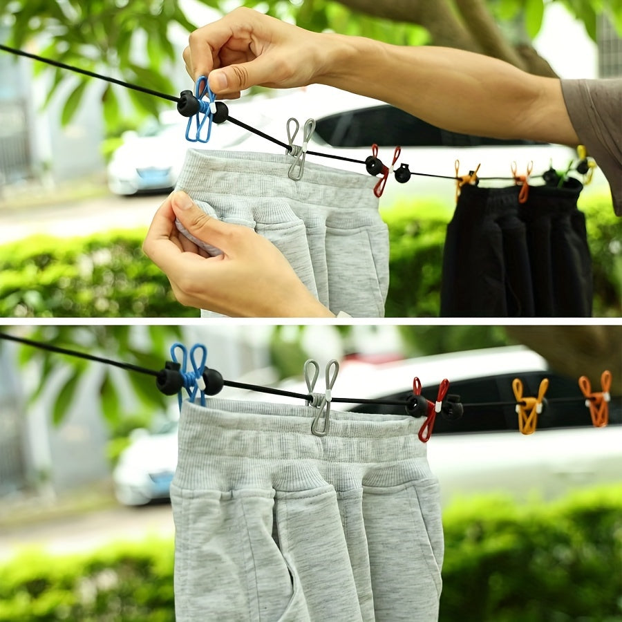 Portable retractable clothesline perfect for travel, comes with 12 clothes clips and storage bag. Ideal for indoor laundry drying and outdoor camping.