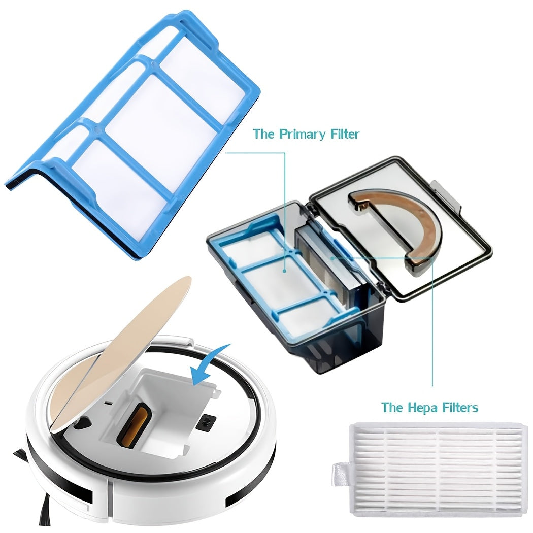 Set of vacuum cleaner accessories including one primary filter net, three filter mesh pieces, and six side brushes.