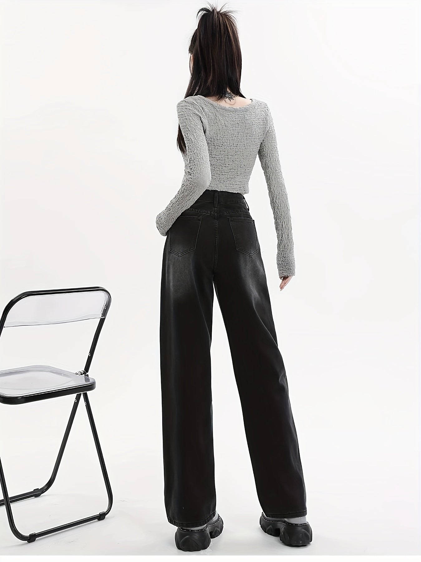 One Women's High-Waisted Wide Leg Jeans in Cotton Blend with Washed Finish, Non-Stretch, Straight Cut, Long Length, All-Season.