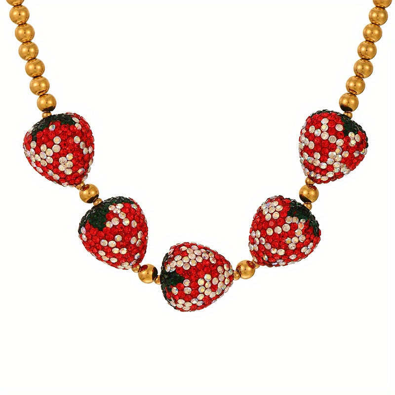 Y2K-Inspired Elegant Resin Strawberry & Cherry Pendant Necklace with Vibrant Red and Golden Accents - Great for Ladies & Sisters, Perfect for Parties & Festive Events