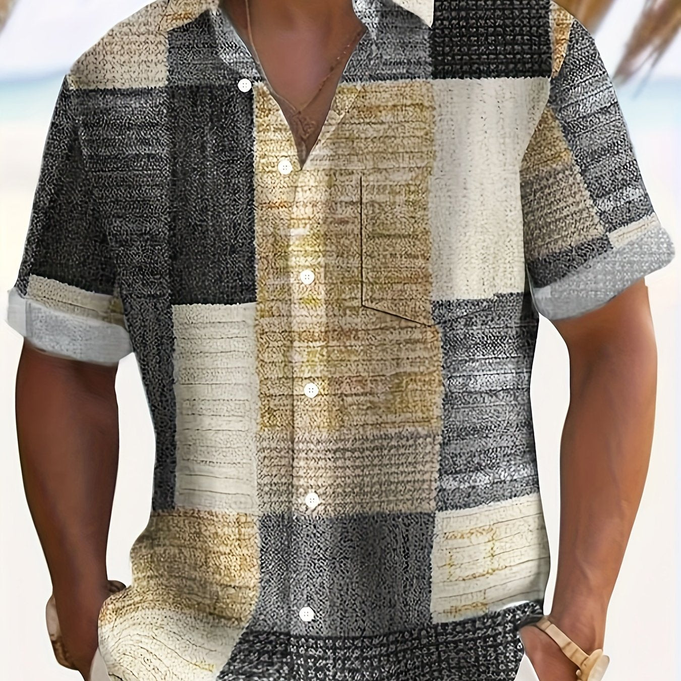 Retro Style Plus Size Men's Shirt with Geometric Print, Short Sleeves - Perfect for Summer