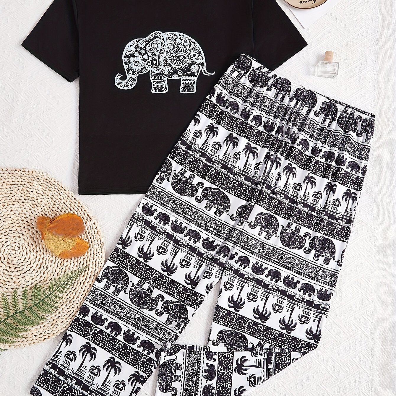 Elephant print top and long pants pajama set