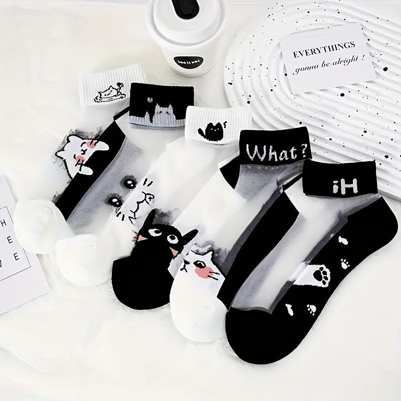 5 cute cat pattern ankle socks for women made of breathable polyester/spandex blend with color block knit design.