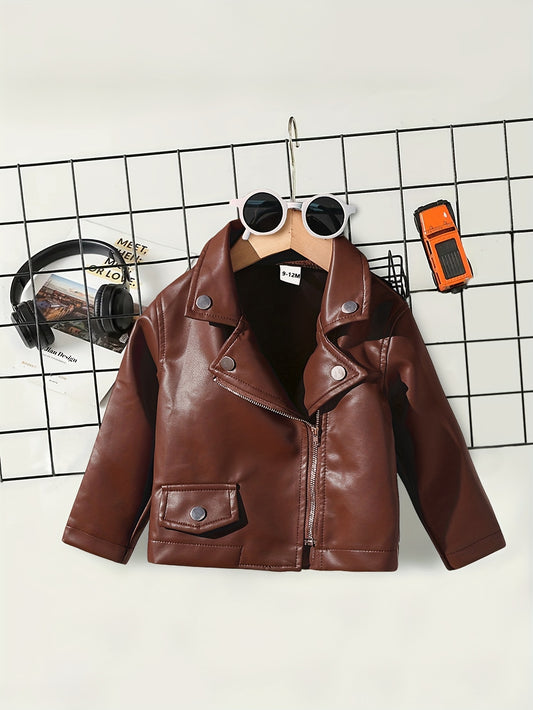 Stylish brown PU jacket with zipper, lapel collar, and fake pockets for kids, perfect for all-season casual wear.