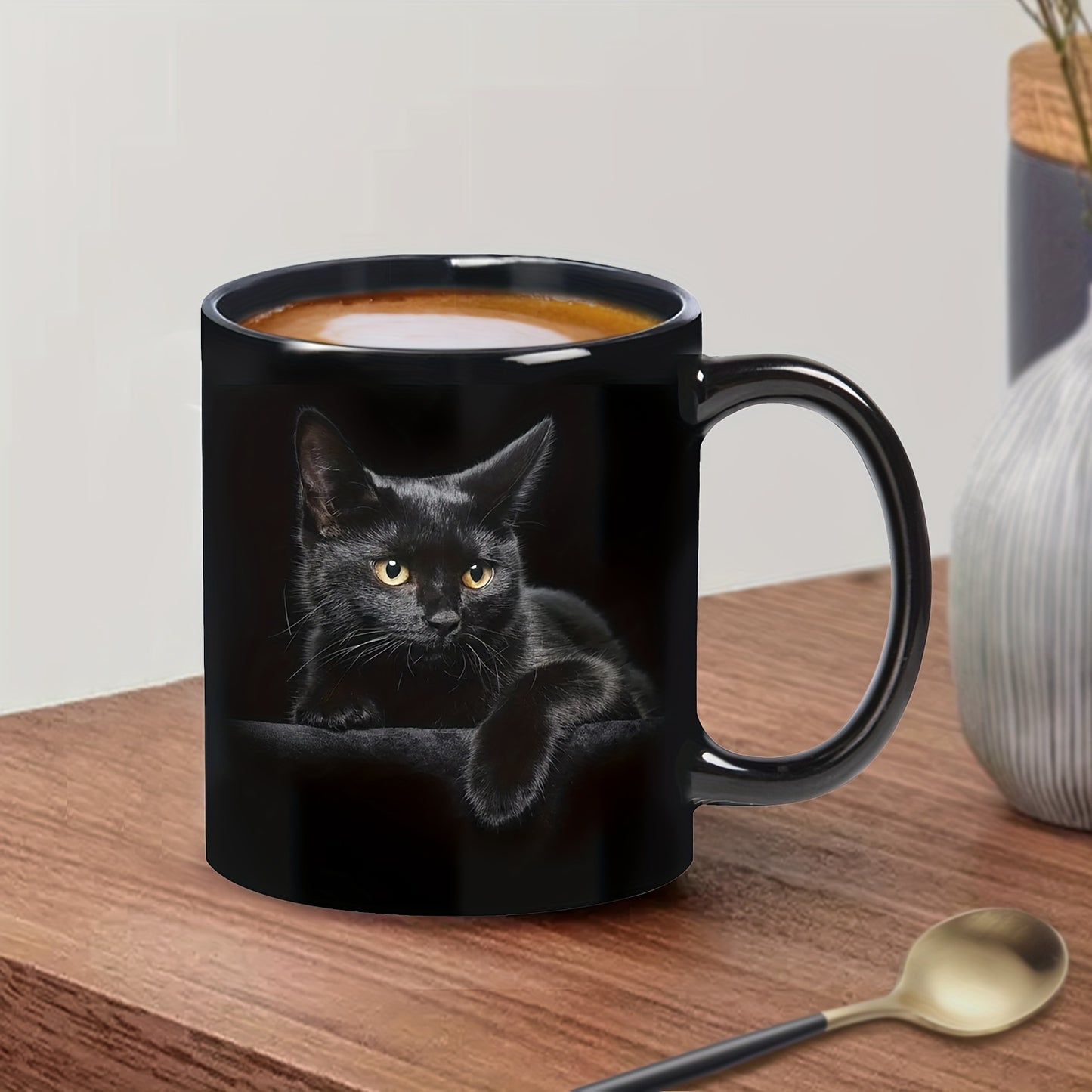 Cute 3D print ceramic coffee mug featuring a charming black cat design. Ideal gift for cat lovers. Durable 11oz cup with a glossy finish, perfect for birthdays and holidays. Hand-wash only.