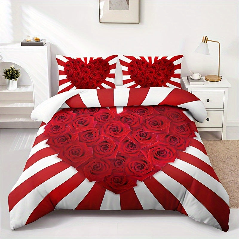 Set the mood with this romantic Red & White Rose Floral Print Bedding Set featuring 3 pieces - 1 Duvet Cover and 2 Pillowcases. Made from breathable polyester, this set offers all-season comfort with a high-definition print perfect for adding flair to