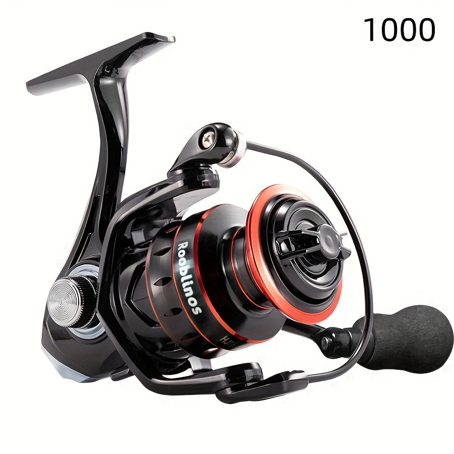 Rooblinos 17+1BBB spinning fishing reel features an ergonomic handle, durable nylon & metal construction, ambidextrous design, and is suitable for freshwater & saltwater fishing.