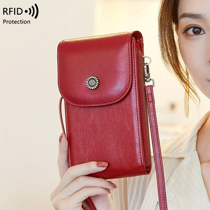 CHARM INFINITE RFID Blocking Crossbody Phone Wallet in Vintage Red with adjustable strap, multi-pocket organizer, waterproof & anti-theft design for everyday use.