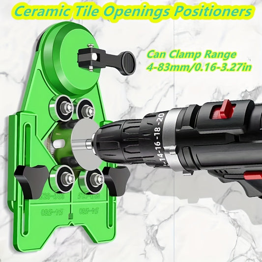 Hole locators for ceramic tiles, glass, and marble, along with chamfer and suction tools for drilling.