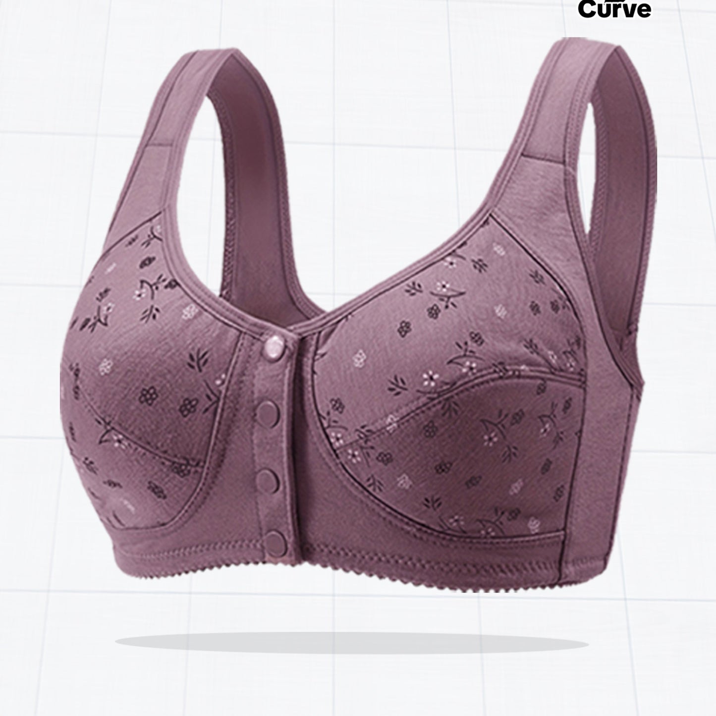 Plus size printed front button sports bra for women's yoga and exercise wear.