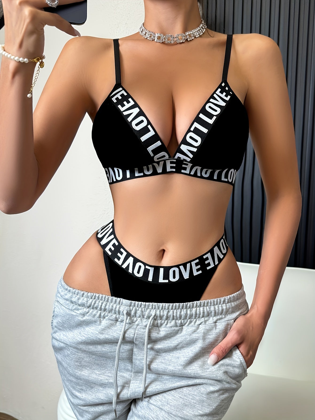 Compare printed letter bra and panties with soft strap lingerie set for women.