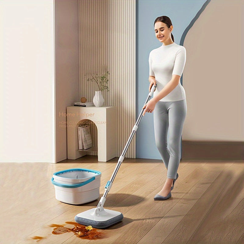 This set contains two mop cloths and a hands-free household rotating mop and bucket kit, ideal for both wet and dry cleaning. It is great for cleaning floors in homes, kitchens, and bathrooms, as well as for organizing supplies and back-to-school items.