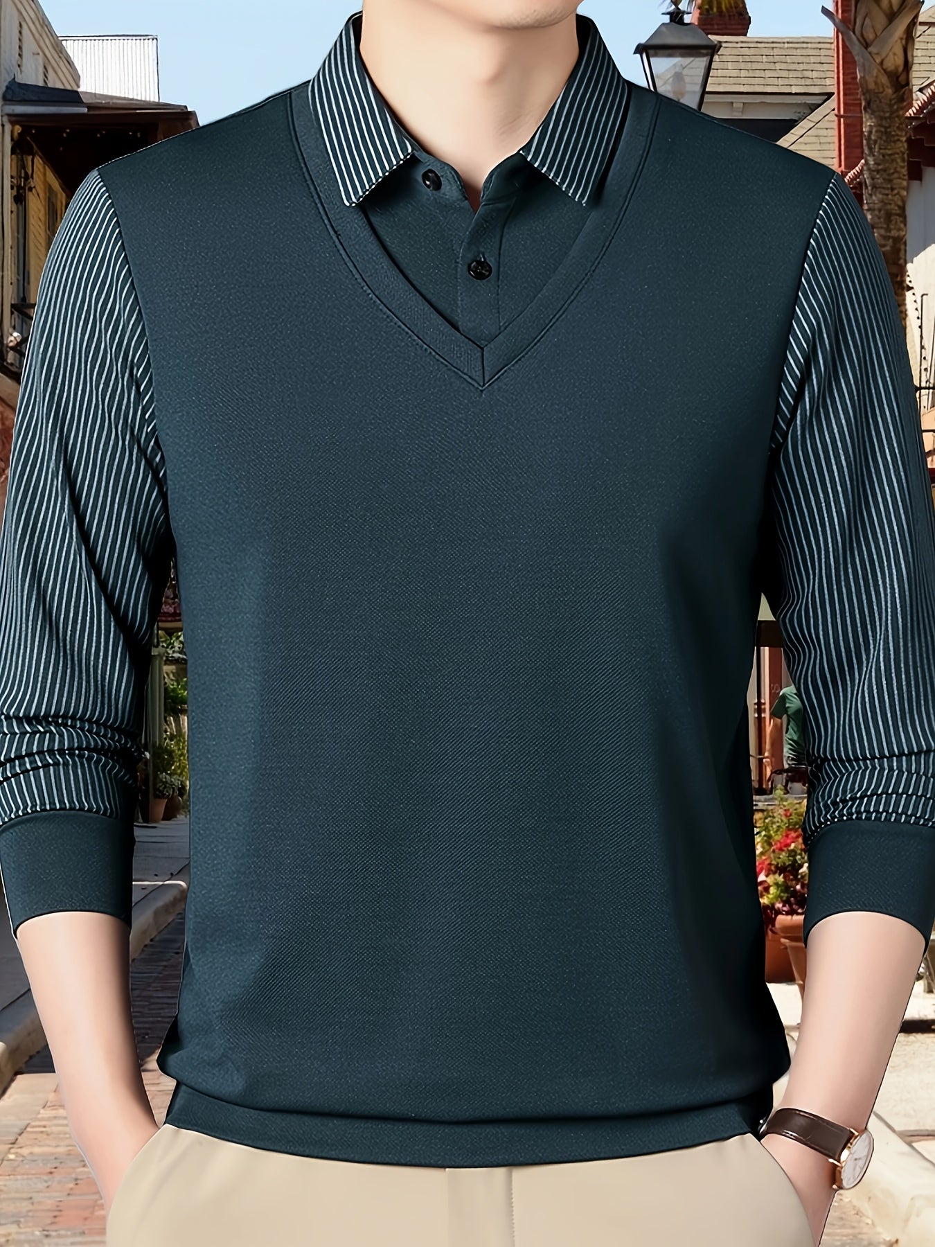 Men's long-sleeve golf shirt with breathable fabric for spring/fall wear.